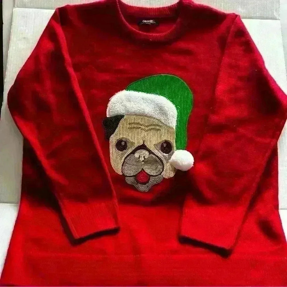 George Plus 1X Womens Ugly Christmas Sweater Sequin Pug Festive Crew  Neck Red - Picture 3 of 10